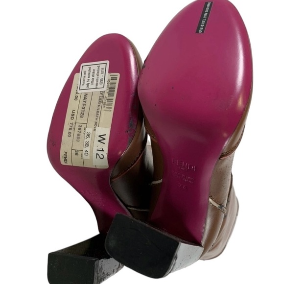 Authenticated Fendi Leather Knee-High Heeled Boots Brown Pink Soles EU 36 - Picture 10 of 16